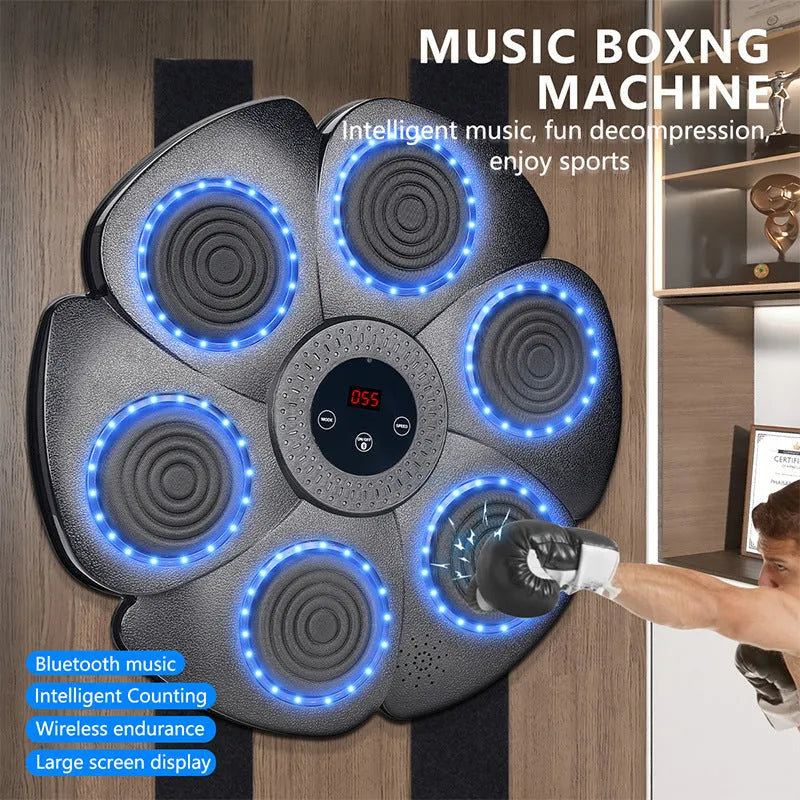 Black smart music boxing machine wall target with Bluetooth, LED lights, and included half-finger boxing gloves.