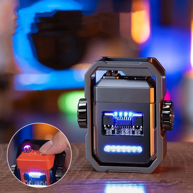 Blue Pulse Lighter showing windproof double arc, mechanical gyroscope, and Type-C charging port on a zinc alloy body.