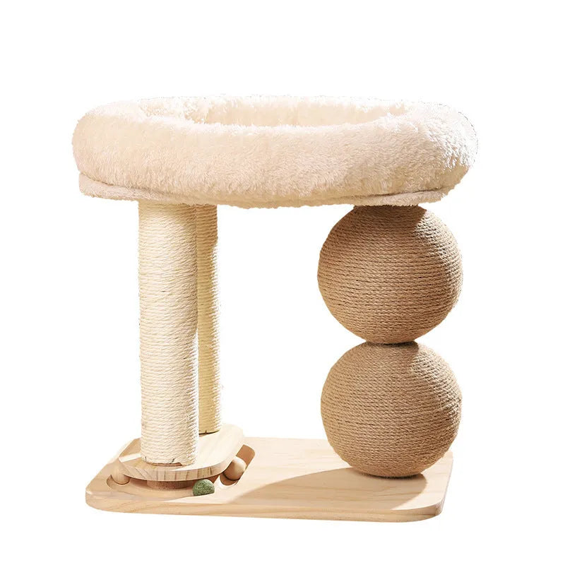 A solid pine wood cat nest with a grasping ball, shown in three style variants.