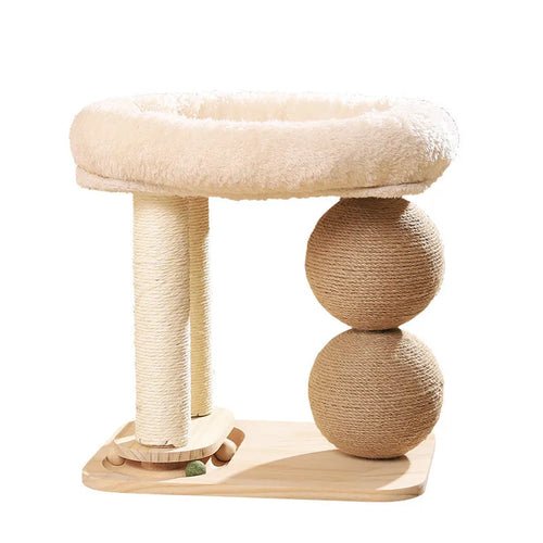 A solid pine wood cat nest with a grasping ball, shown in three style variants.
