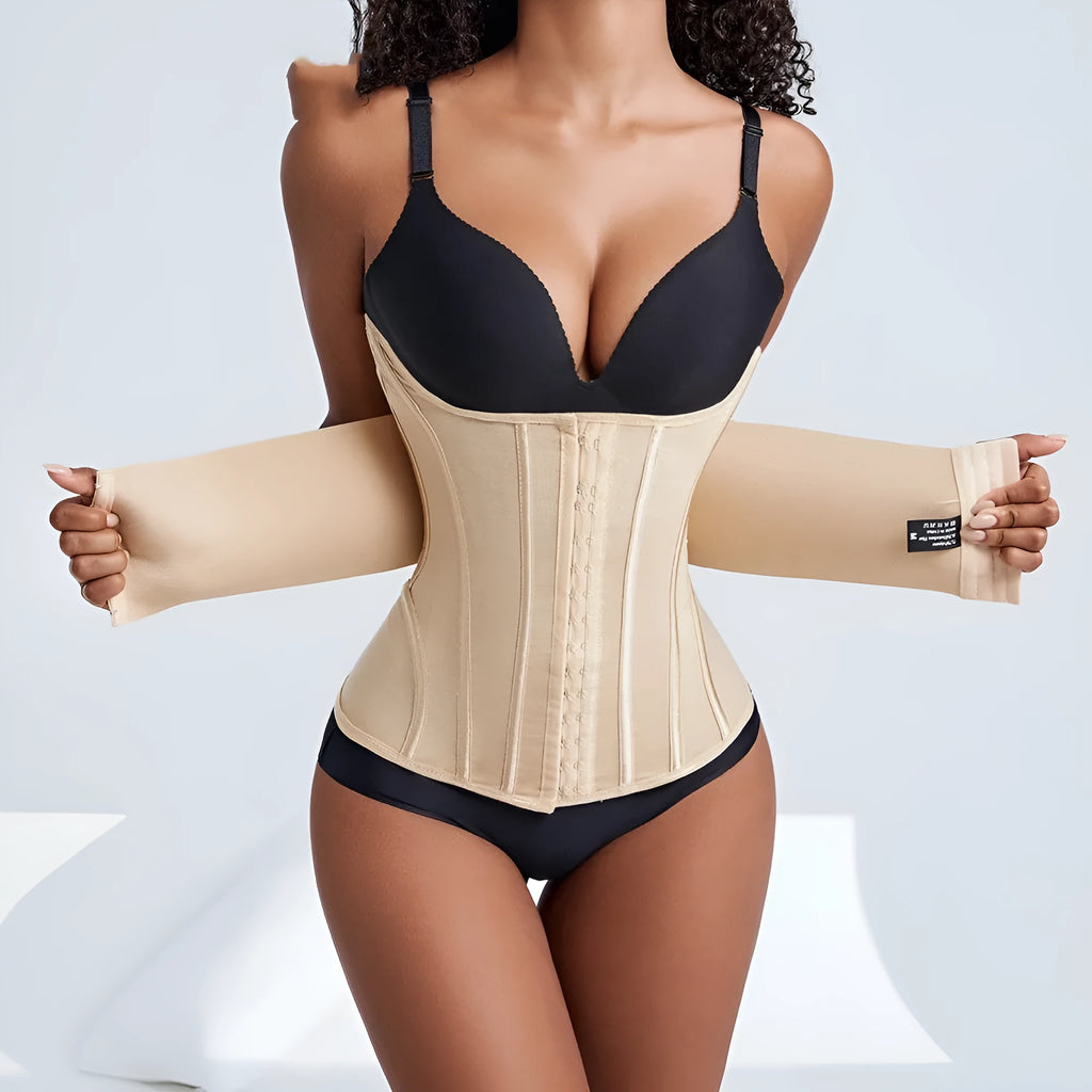 Nylon belly band waist training belt with adjustable tie in black and apricot colour options