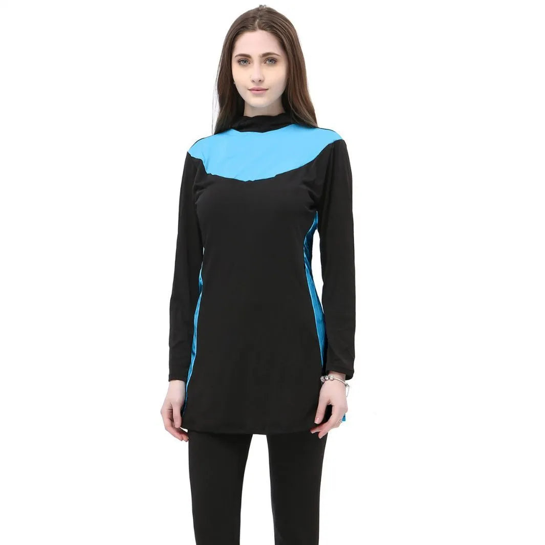 Conservative women's hooded swimsuit with long sleeves in black with rose red colour combination