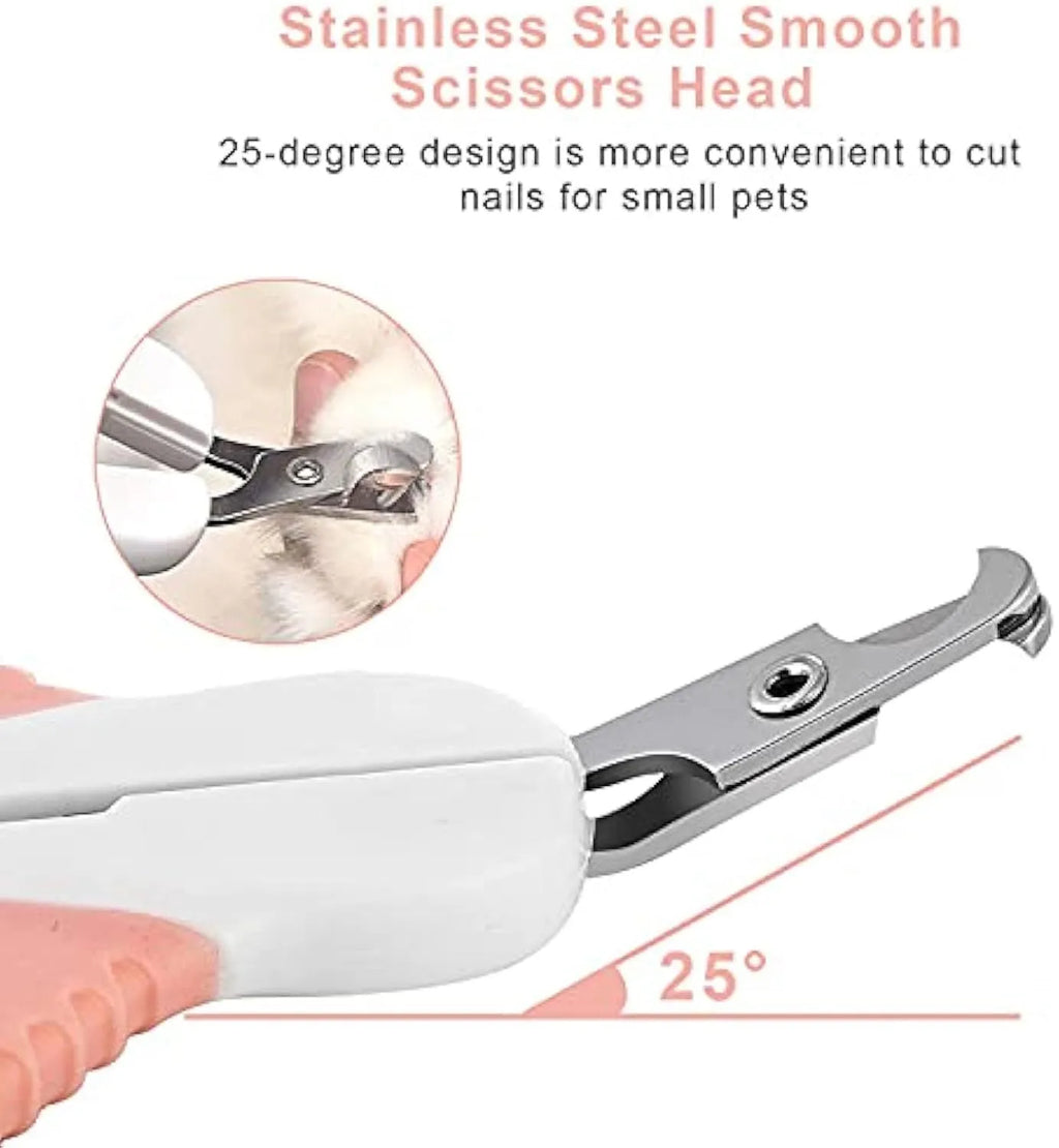 Grey and pink angled blade cat nail clippers with safety guard and non-slip handles for small pets.