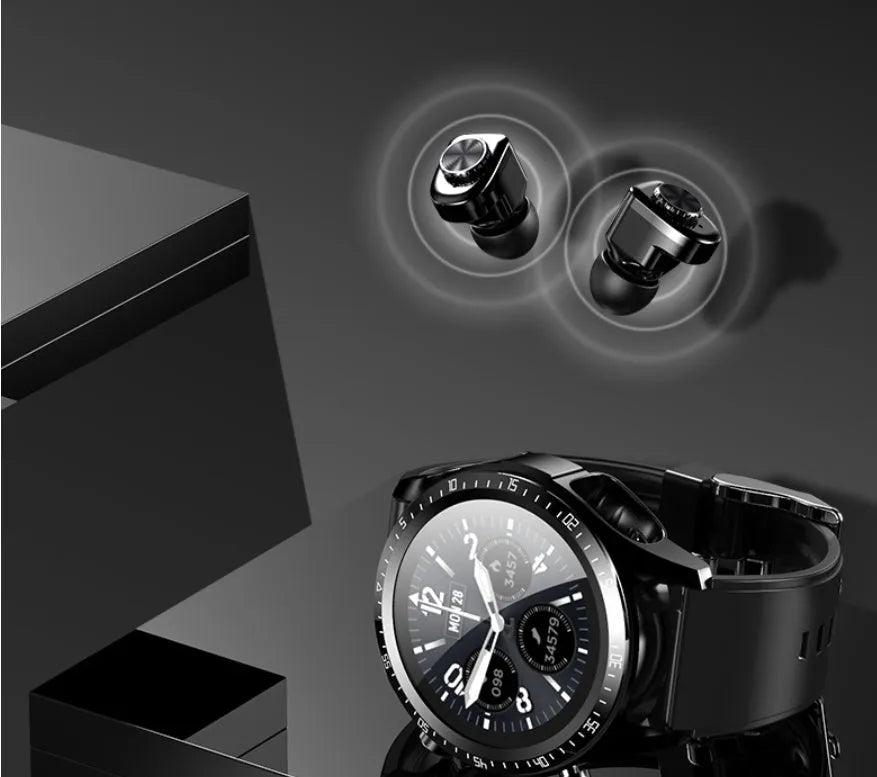 Black smartwatch with silicone strap displaying blood pressure and oxygen stats on its circular screen.