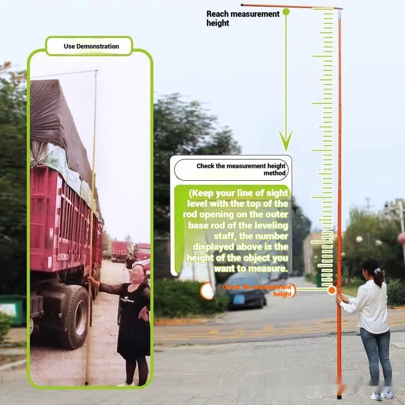 Telescopic cargo truck height measuring rod shown extended, with clear measurement scale visible.
