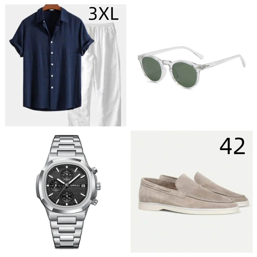 Navy blue casual short sleeve beachwear suit with trousers on a hanger.