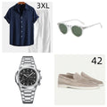 Navy blue casual short sleeve beachwear suit with trousers on a hanger.