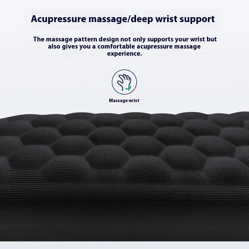 Memory foam mouse wrist rest pad with silicone base in black cloth cover option on desk