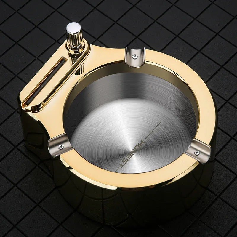 Large stainless steel ashtray with permanent match lighter in blue colour showing cigarette slots