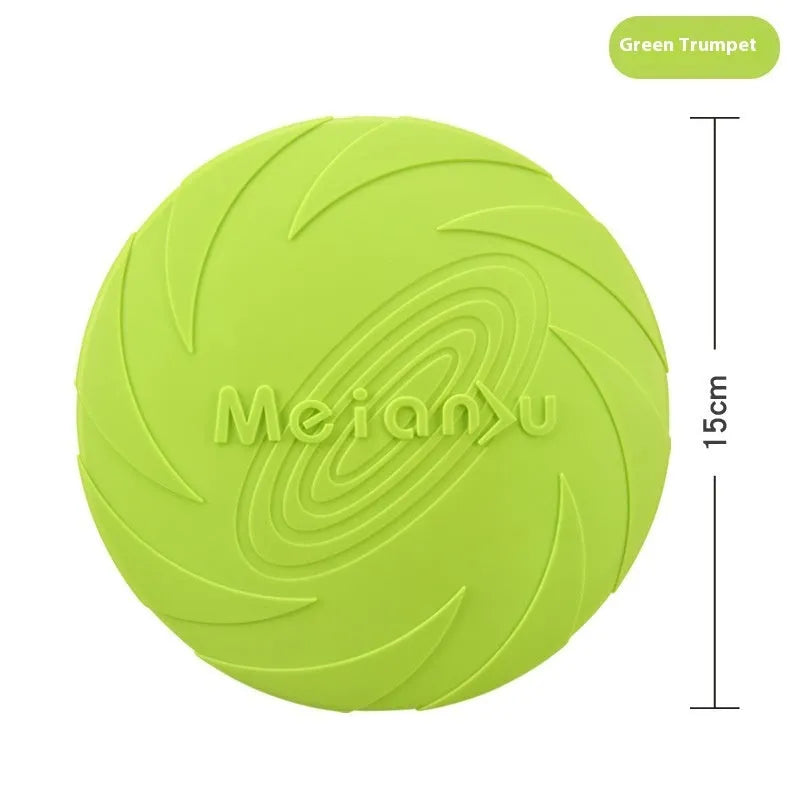 Soft rubber dog frisbee in red, blue and green colour options showing small, medium and large size variations