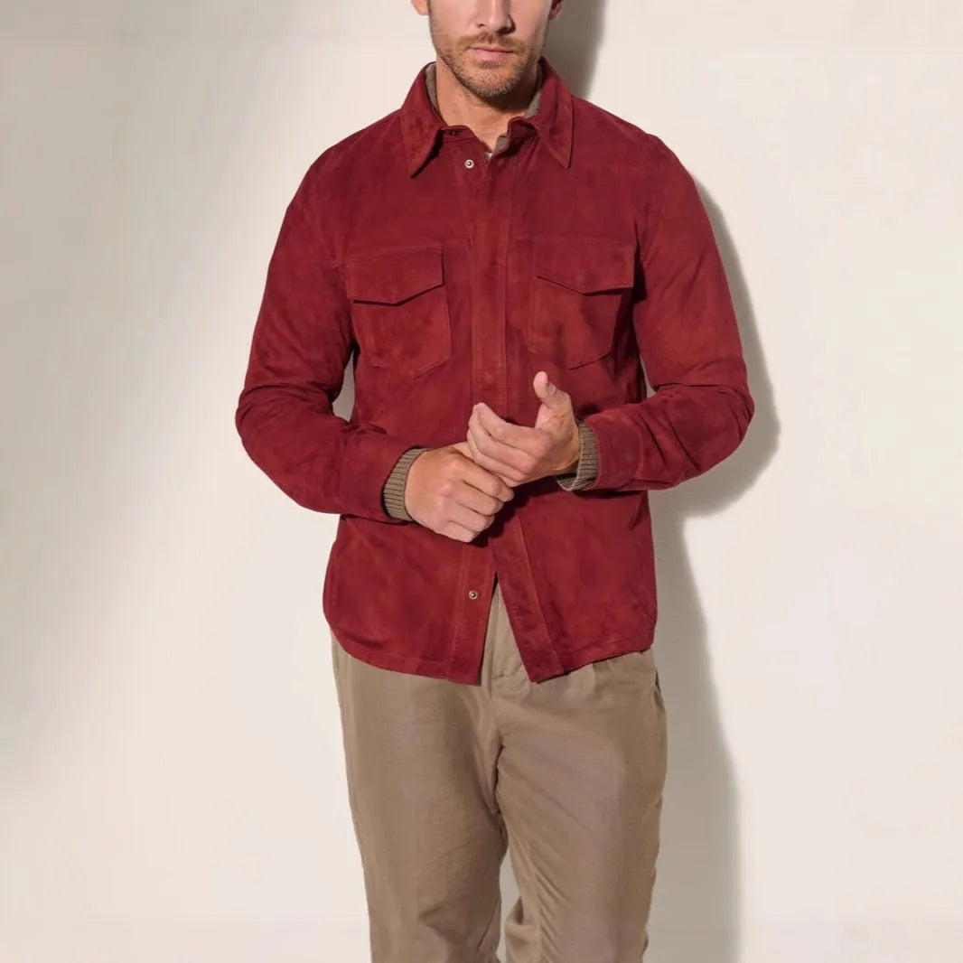 Noah suede shirt jacket for men in brown, front view, polyester fibre regular length