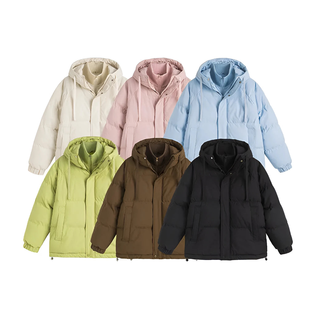 Loose two-piece winter cotton-padded coat in cardigan style with side pockets