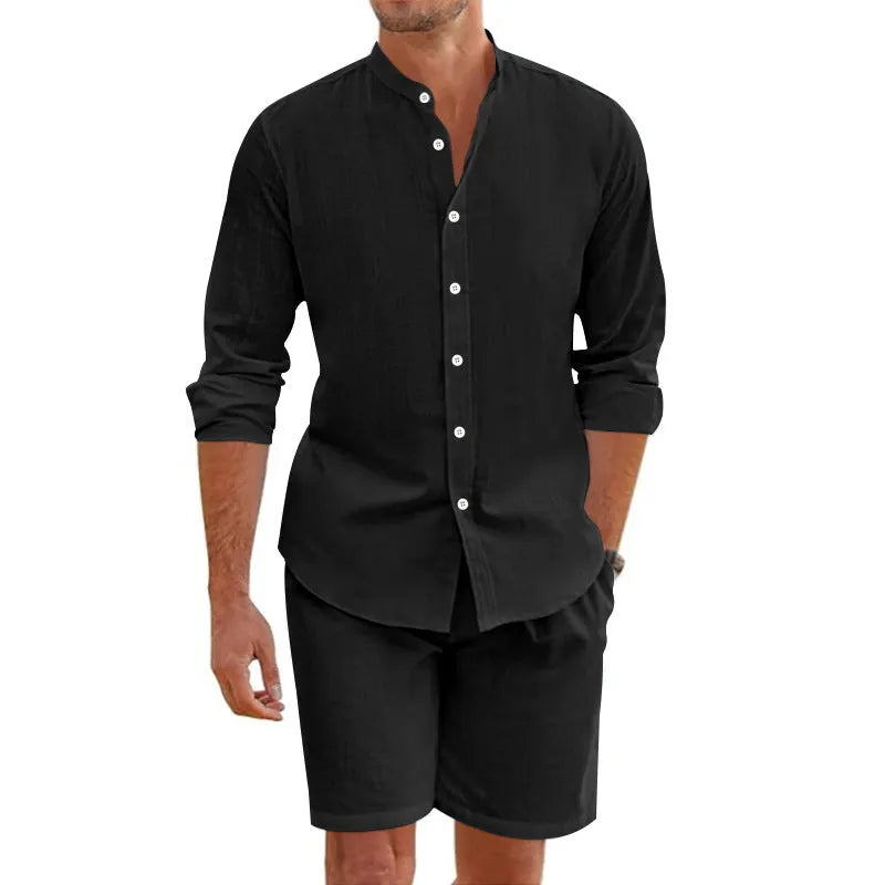 Men's light blue linen blend short sleeve button-down shirt and drawstring shorts suit set for summer.