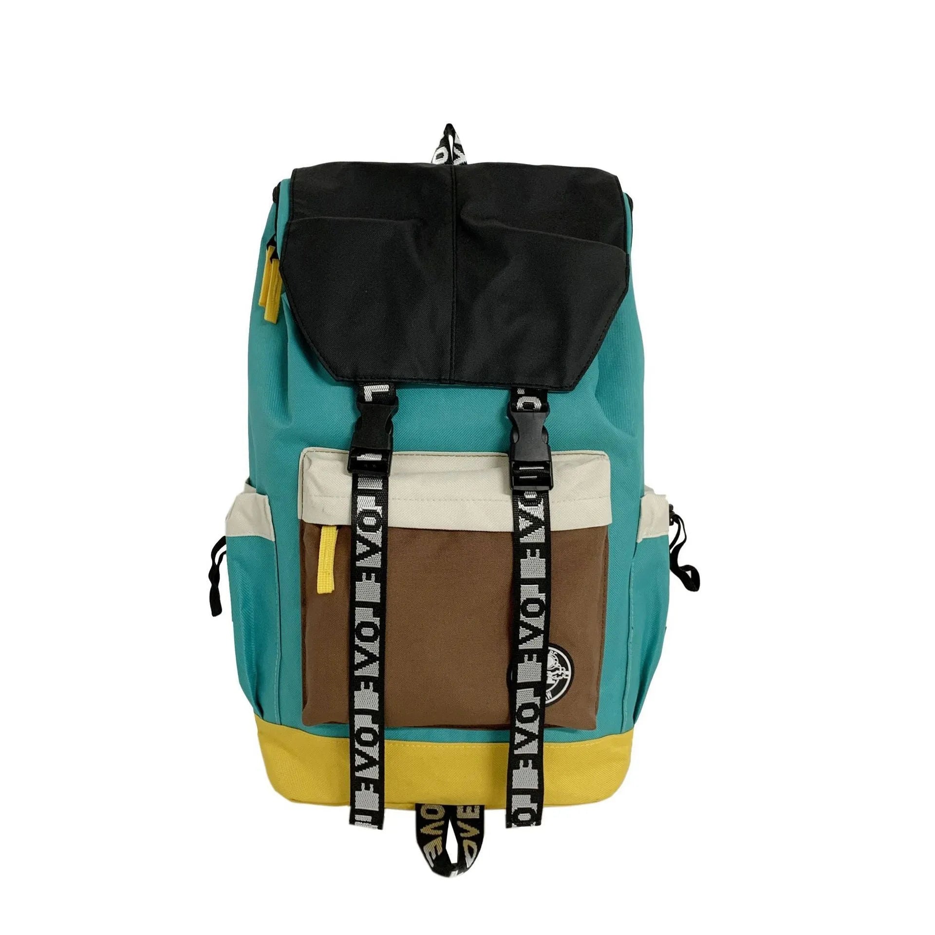 Oxford cloth backpack in black, green, or red with handheld grip and shoulder straps.