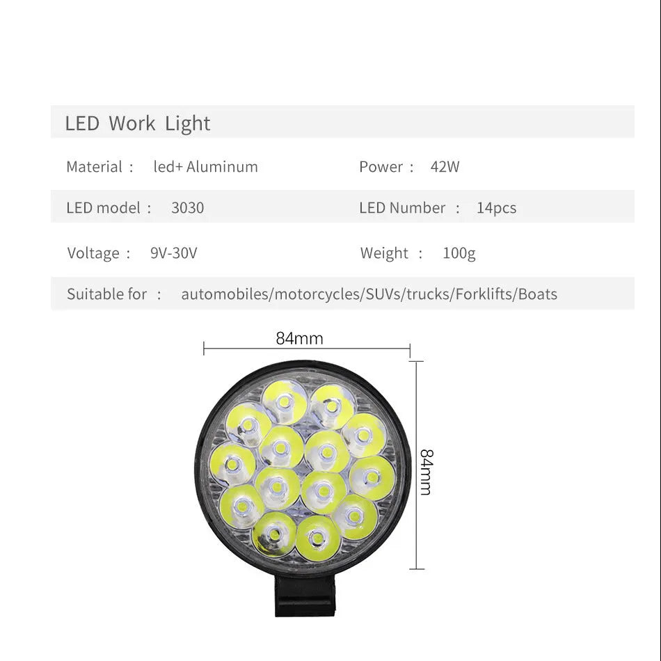 Compact round aluminium LED work light for cars and off-road vehicles with white light output.