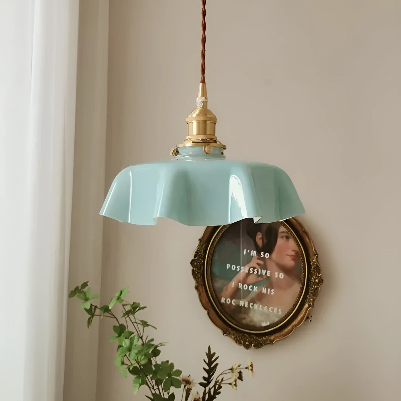 Medieval brass flower bud chandelier with adjustable height and coloured glass body