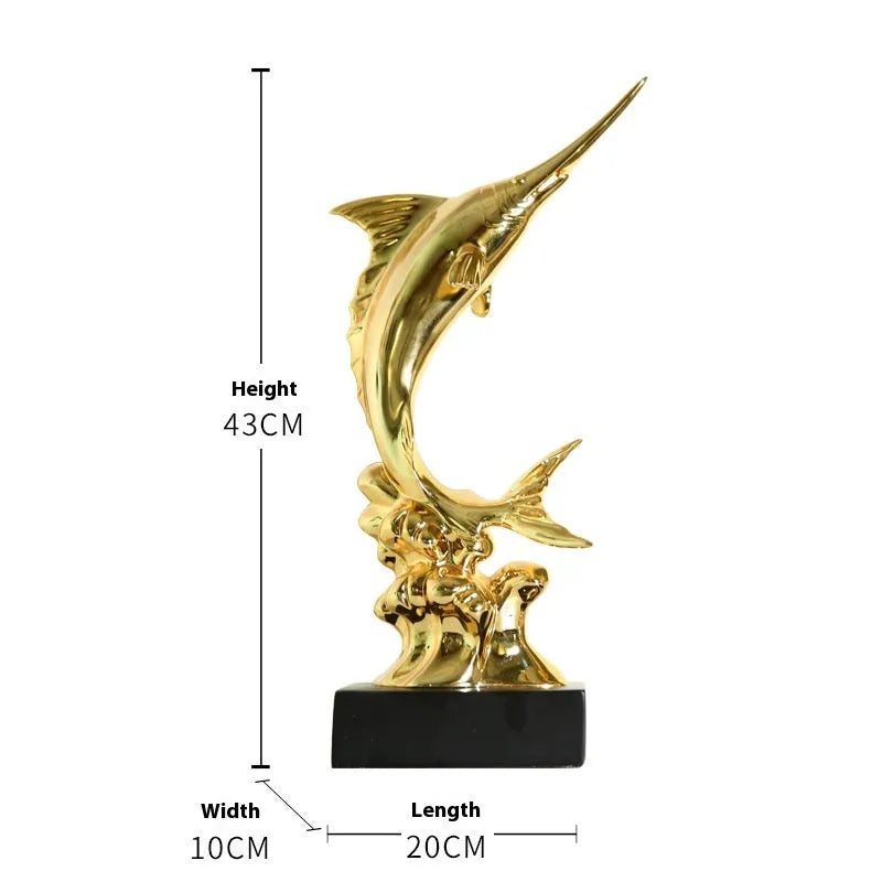European stylised swordfish resin and plastic decorative ornament on a shelf.
