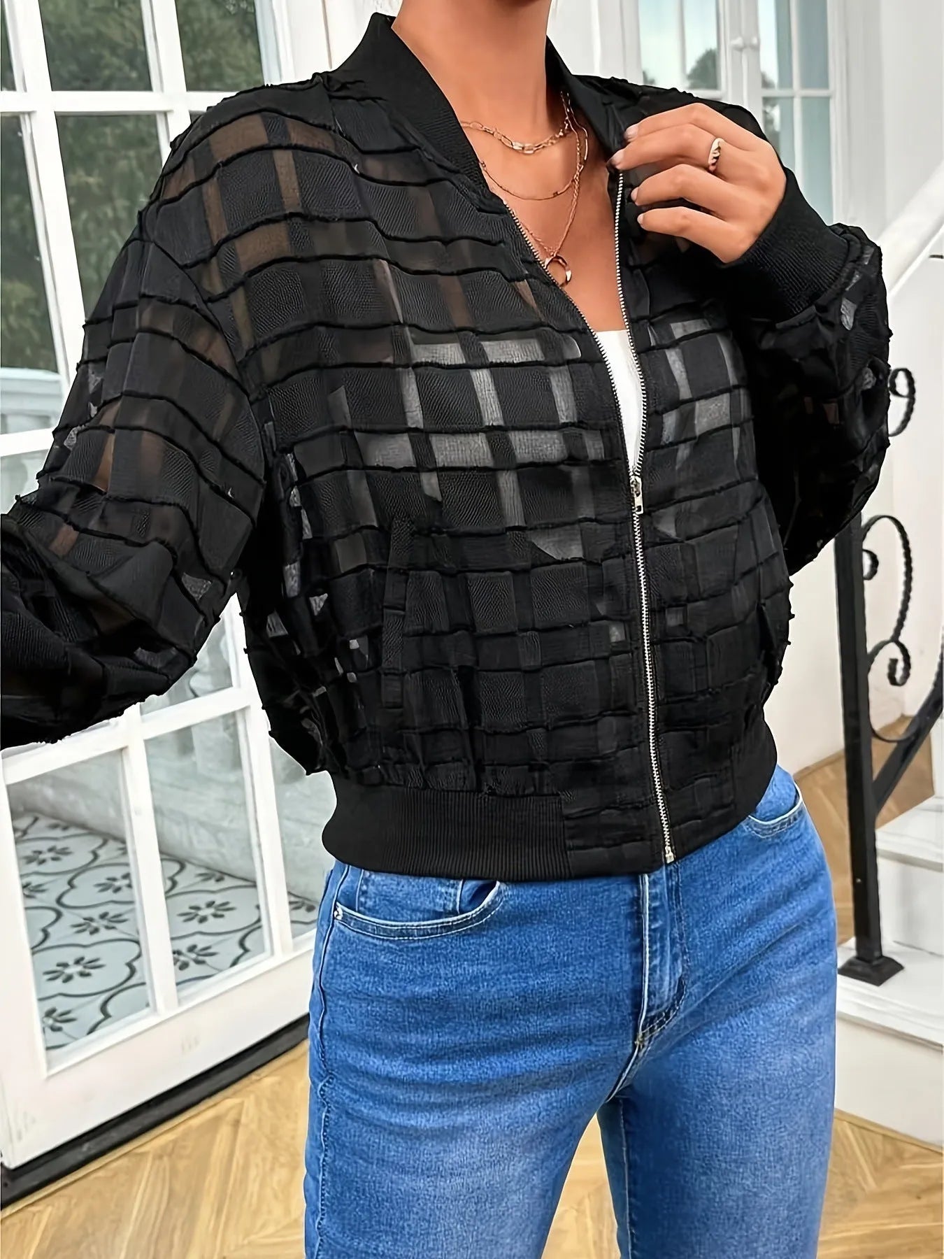 Black women's semi-transparent casual jacket with geometric pattern and front zipper