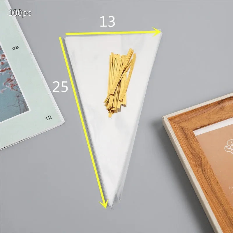 Clear plastic triangle-shaped bag with a twisted metal tie wire closure.
