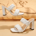 Women's square toe flip flops with chunky heel and woven twisted strap in white and apricot colours.