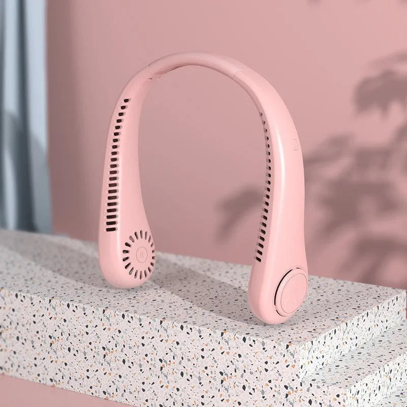 White USB rechargeable bladeless neck fan showing adjustable speed buttons and flexible neckband