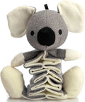Grey koala plush dog toy measuring 30cm long with crinkle paper inside for squeaky sounds.