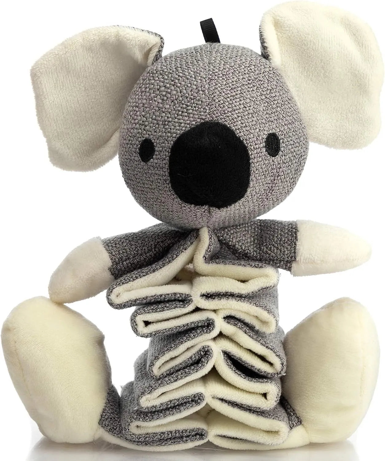 Grey koala plush dog toy measuring 30cm long with crinkle paper inside for squeaky sounds.