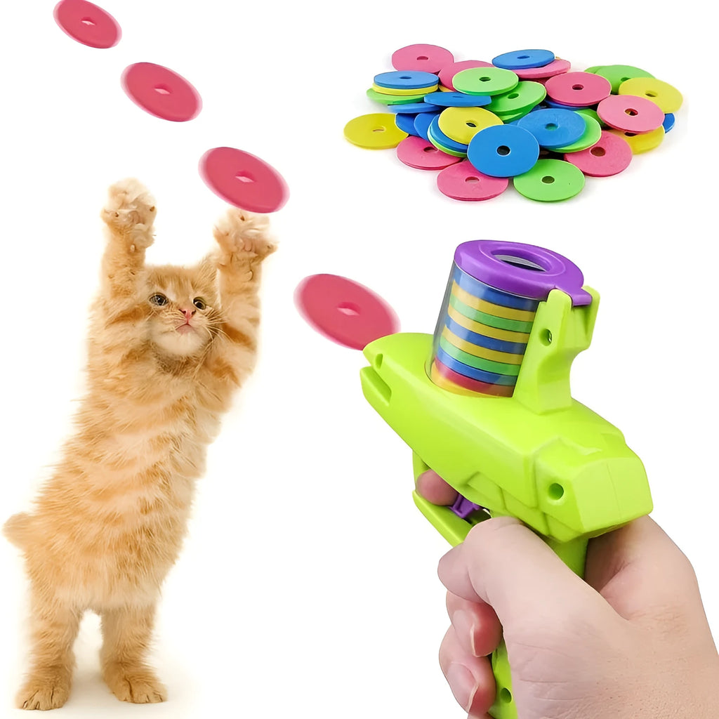 Green or purple plastic cat toy launcher with soft foam discs for interactive play.