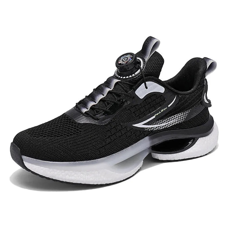 Low-top running shoes with rotating buckle closure in fly-knit mesh construction