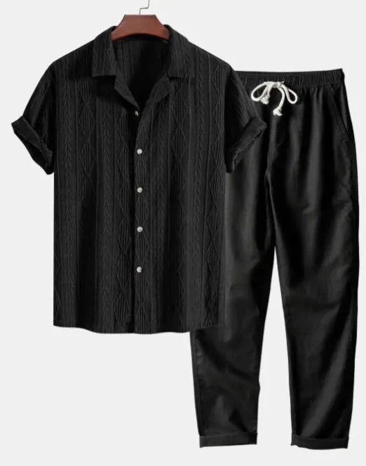 Casual slim fit short-sleeved shirt and trousers suit set with digital camouflage print, cardigan-style lapel.