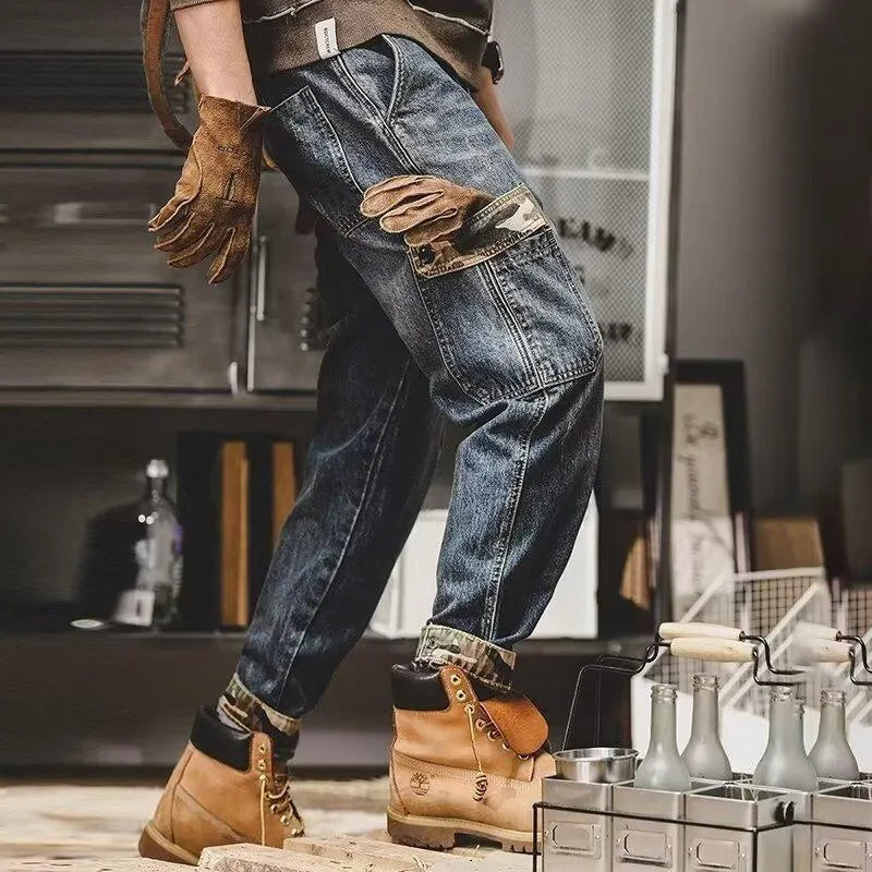 Blue heavy distressed cargo jeans for men, loose fit, mid waist, cotton denim, button fly