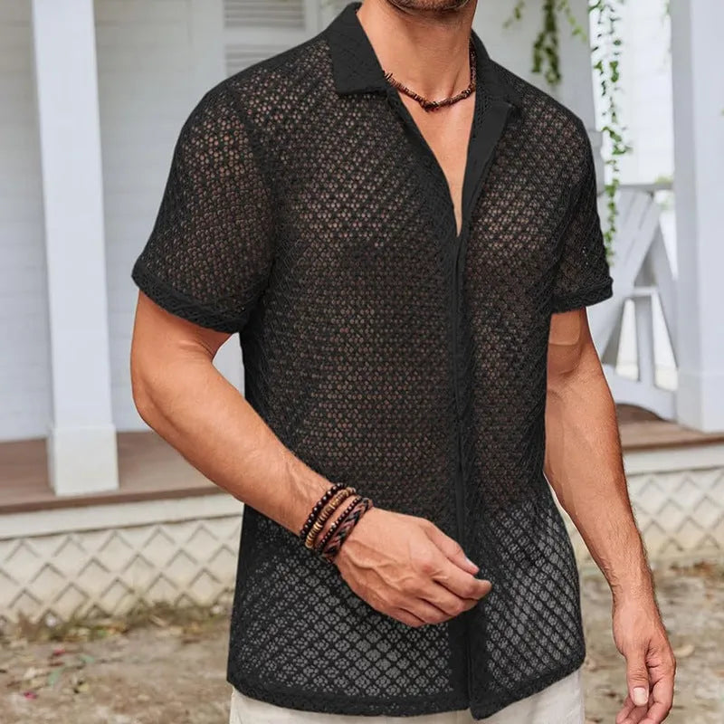 Summer mesh short sleeve shirt for men in milky white cotton blend fabric lapel cardigan style