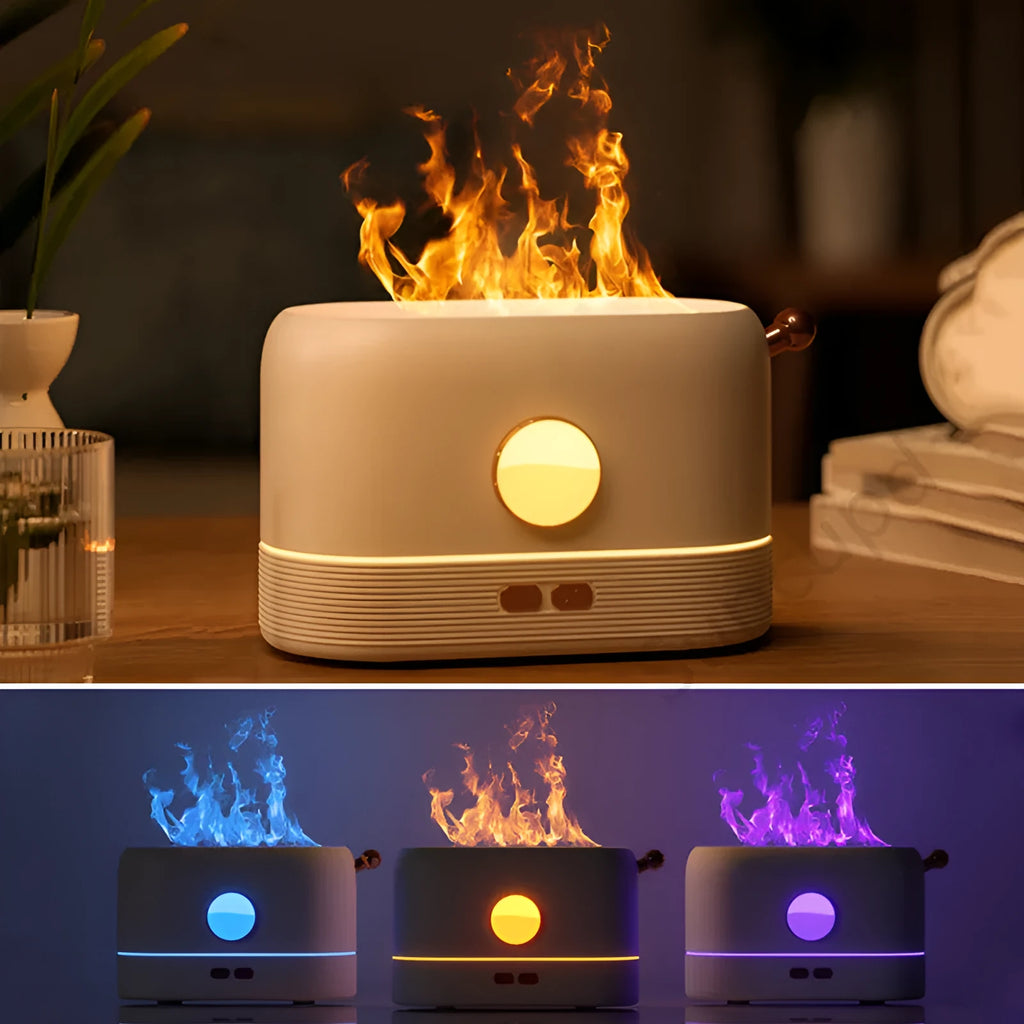 Black USB desktop humidifier diffuser with simulation flame effect and 200ml water tank.