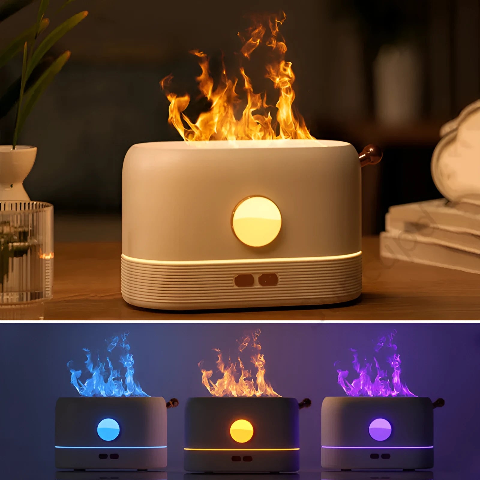 Black USB desktop humidifier diffuser with simulation flame effect and 200ml water tank.