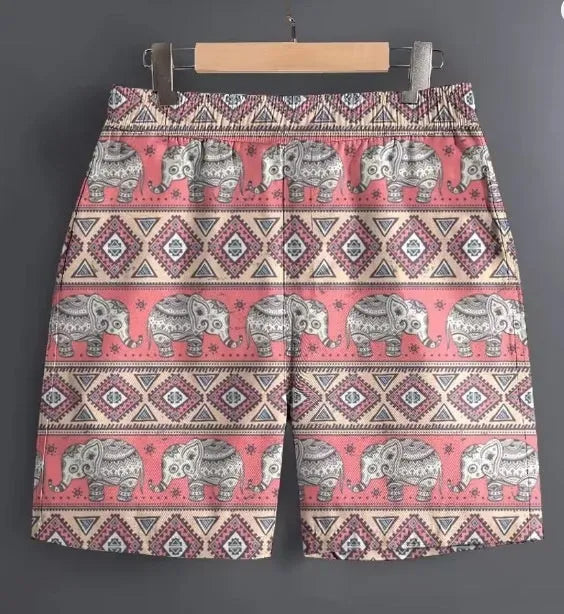 Men's casual polyester shorts in camouflage print, laid flat to show size and pattern.