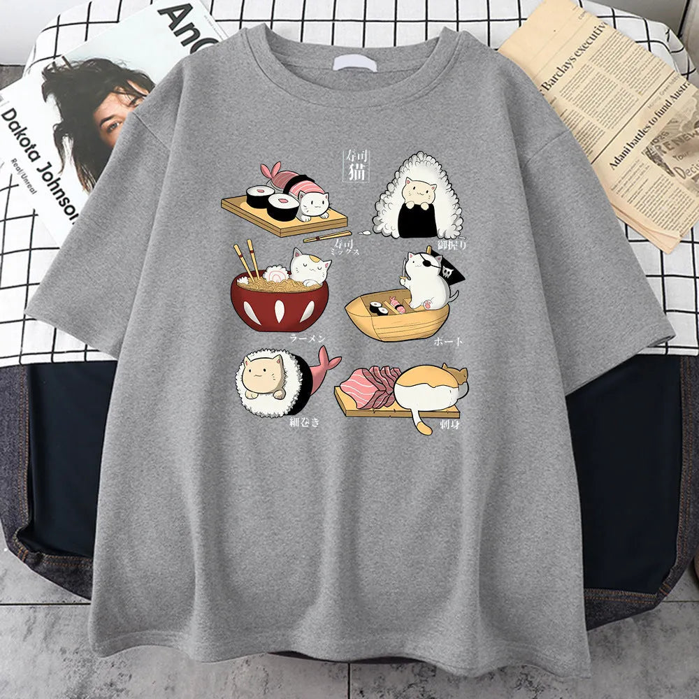 Men's black cotton t-shirt with a cute cartoon print of cats designed as sushi rolls.