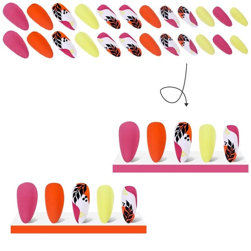 Wear Armour Medium Almond Frosted Nail Stickers set showing four patterns: French leaf, colourful plating, macaron, and leopard print.