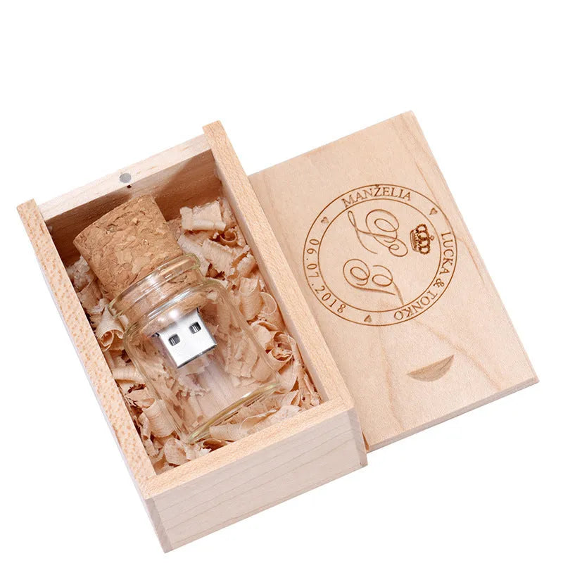 Chocolate brown wooden USB flash drive with custom engraving showing compact dimensions