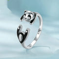 Sterling silver panda adjustable ring with white gold plating and open design