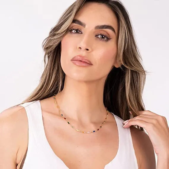 Ladies geometric crystal necklace with adjustable alloy chain and glass pendant in random electroplated colour