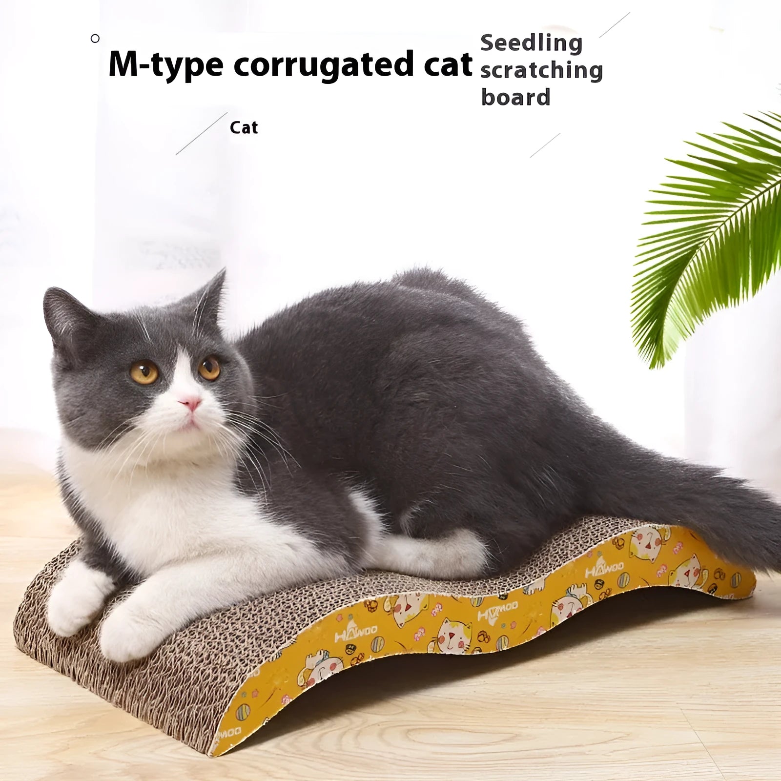 Wall-mounted cat scratch board in decorative shape made from corrugated paper with leather hanging tab
