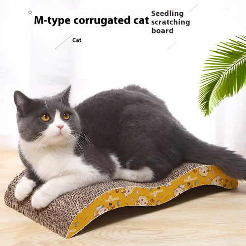 Wall-mounted cat scratch board in decorative shape made from corrugated paper with leather hanging tab