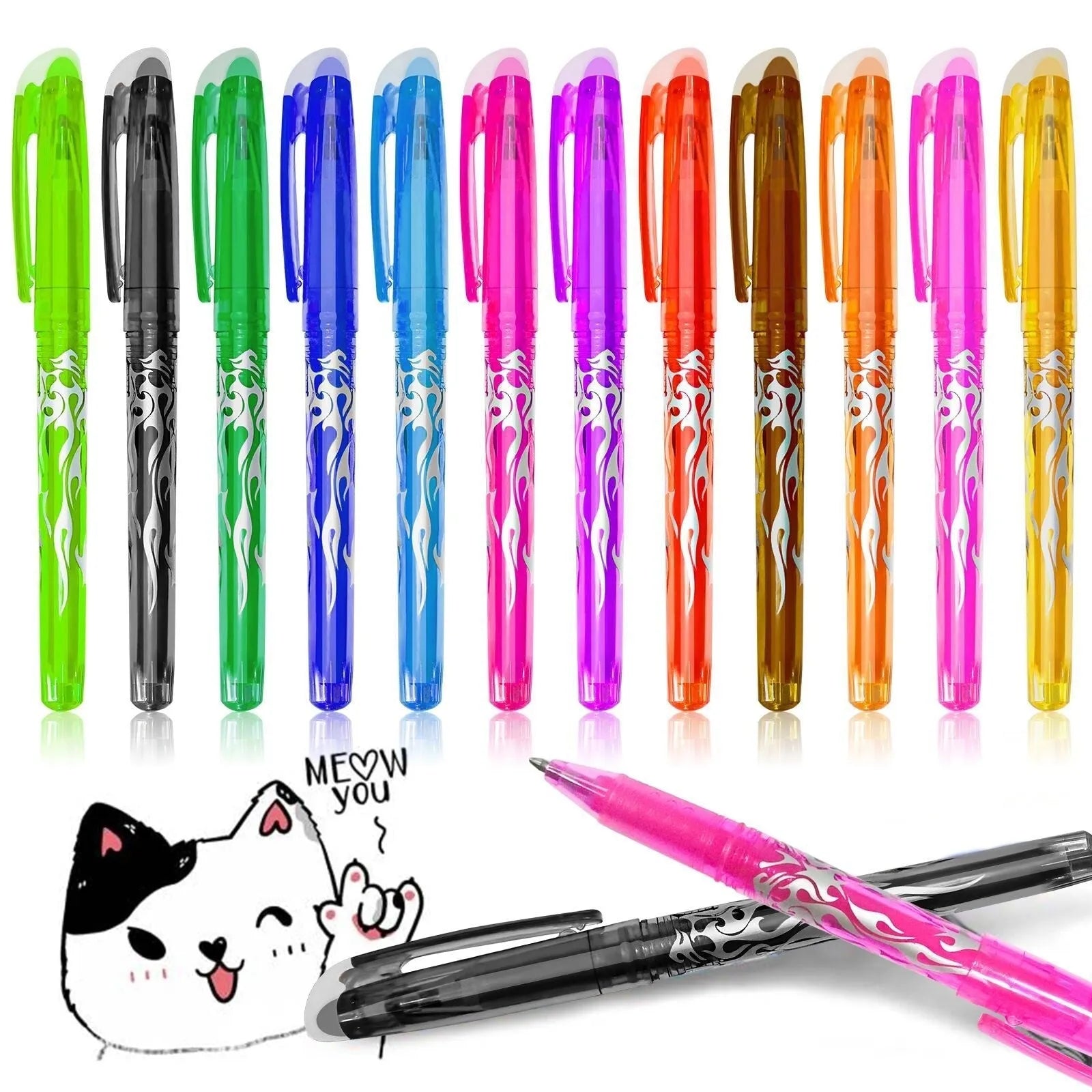 Heat-erasable gel pen set with plastic body, stainless steel nib, and assorted colours in 0.5mm and 0.7mm sizes