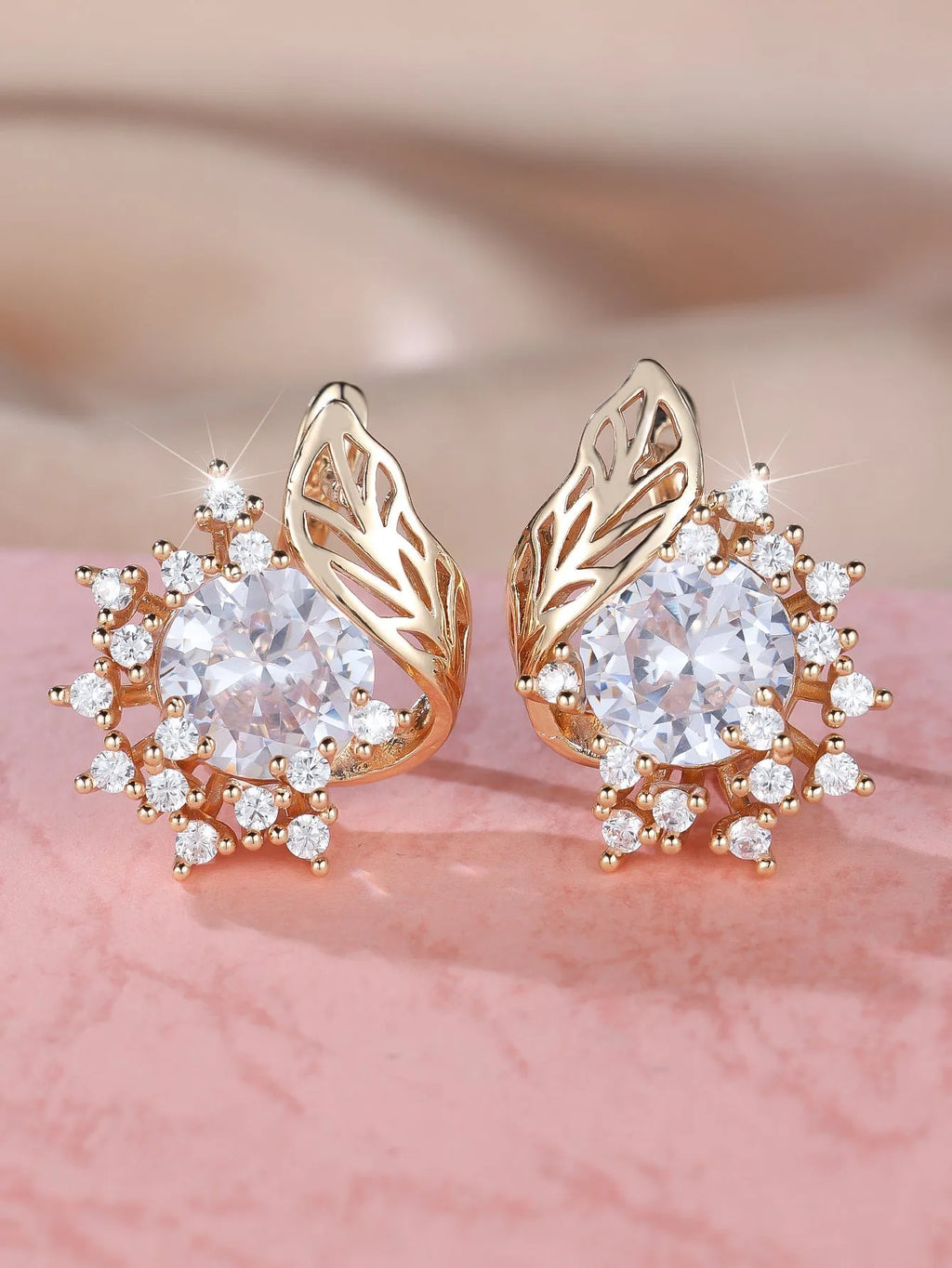 Round flower feather earrings with zircon stones in champagne gold finish, six colour options