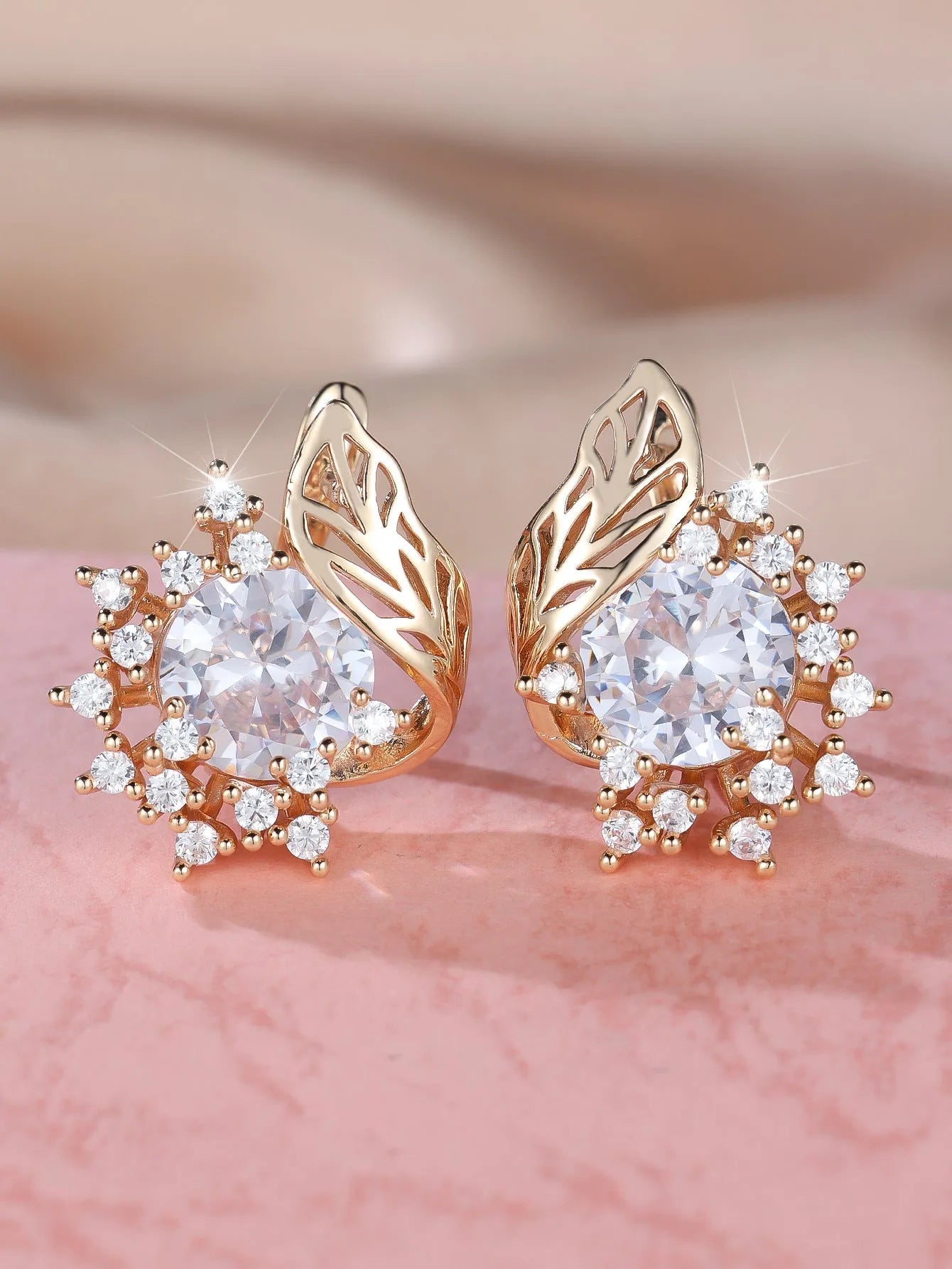 Round flower feather earrings with zircon stones in champagne gold finish, six colour options