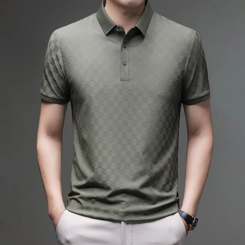 Thin Ice Silk blend short sleeve T-shirt in black with a V-neck and slit hem detail on a hanger.