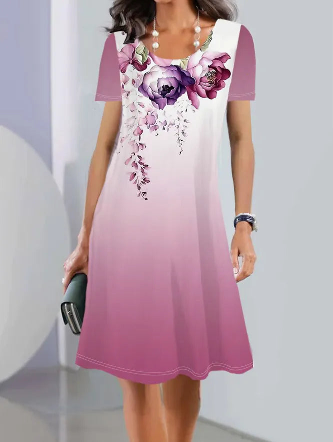 Floral print ice silk mid-length summer dress with short sleeves and round neck