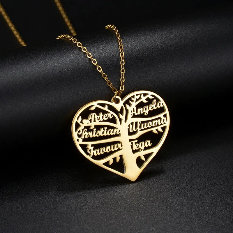 Custom stainless steel necklace with a life tree and hollow heart pendant engraved with names, shown in silver finish.