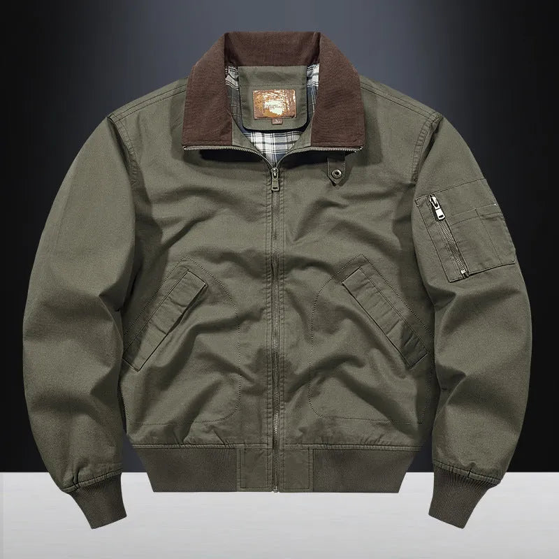 Men's washed cotton baseball jacket in Army Green, shown on a hanger.