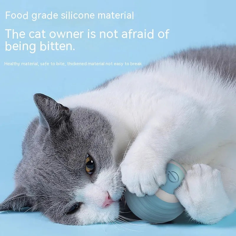 Blue automatic moving cat toy ball with USB charging cable on floor